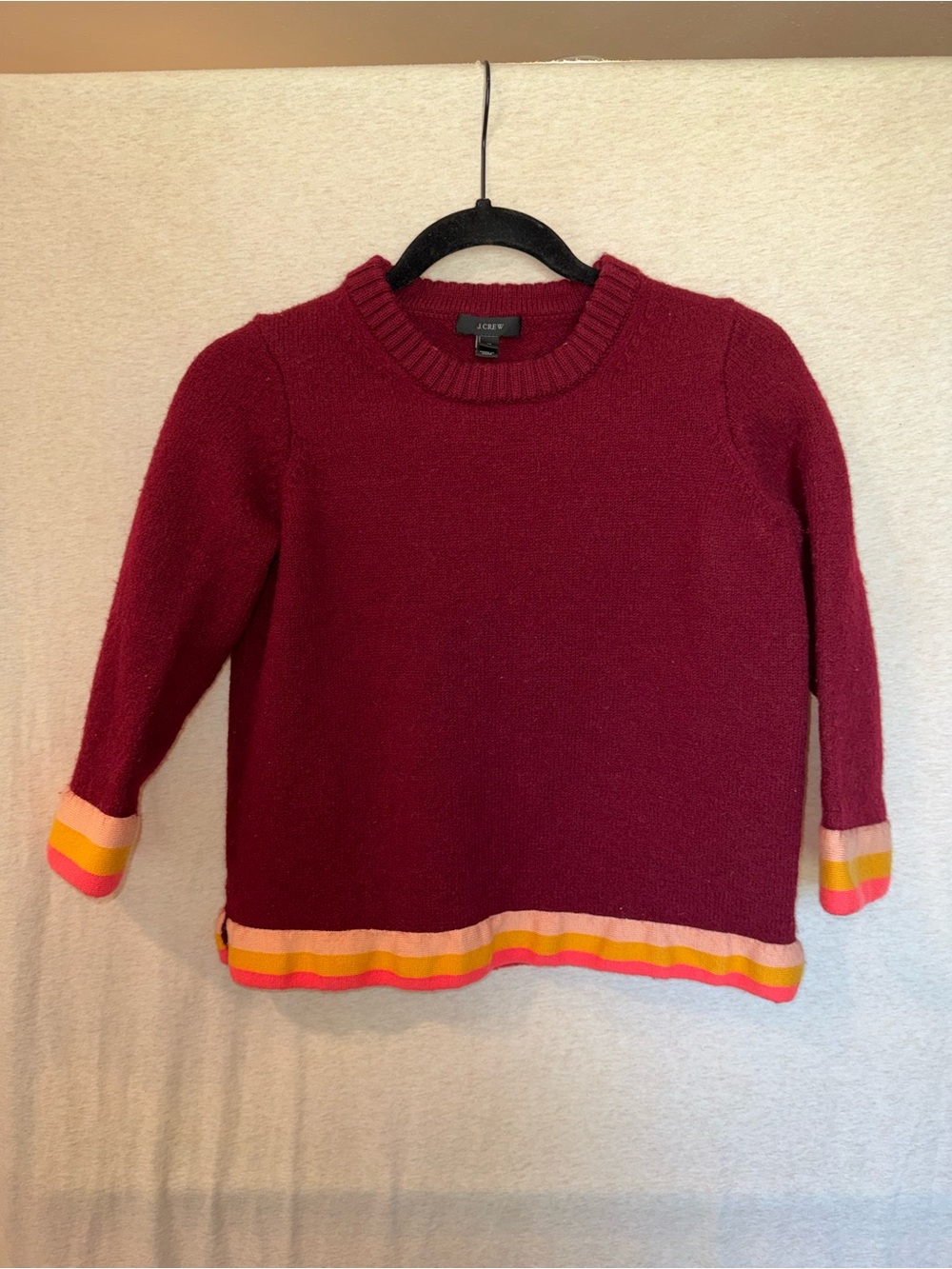 J. Crew Burgundy Crewneck Sweater with Colorblock Striped Hem